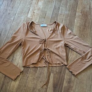 Mod On Trend Burnt Orange Ribbed Long Sleeve Crop Top with Tie Front - M